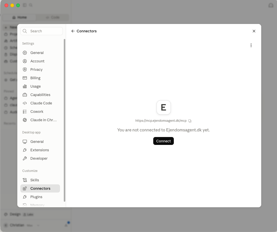Connector-siden for Ejendomsagent med knappen Connect