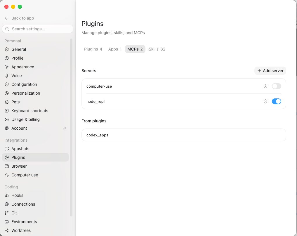 Plugins-siden med fanen MCPs valgt og knappen Add server &oslash;verst til h&oslash;jre