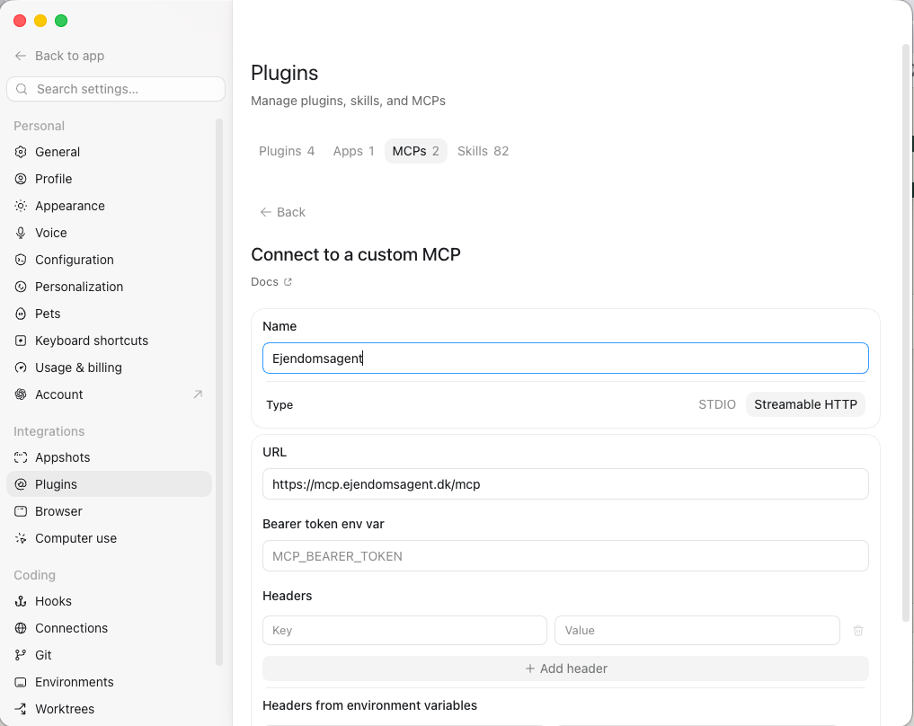 Formularen Connect to a custom MCP med navnet Ejendomsagent, typen Streamable HTTP og adressen udfyldt